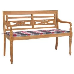 Banc Batavia Avec Coussin à Carreaux Rouge 150 Cm Bois De Teck