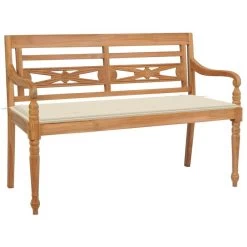 Banc Batavia Avec Coussin Crème 120 Cm Bois De Teck Massif