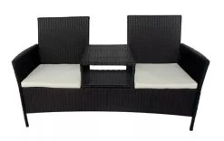 Banc De Jardin 2 Places Résine Tressée Noir Et Coussins Blanc Kim