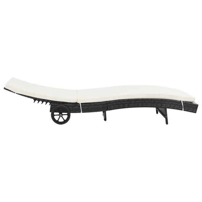 Chaise Longue Avec Roues Et Coussin Résine Tressée Noir – Image 3