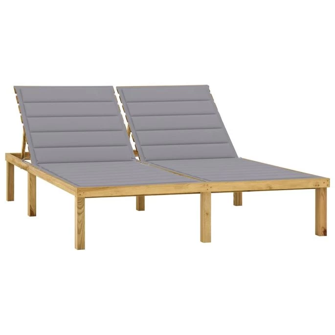 Chaise Longue Double Et Coussins Gris Bois De Pin Imprégné 3
