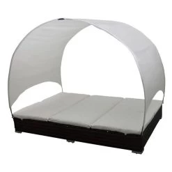 Lit De Jardin Avec Toit Tissu Blanc Et Résine Marron Khoa